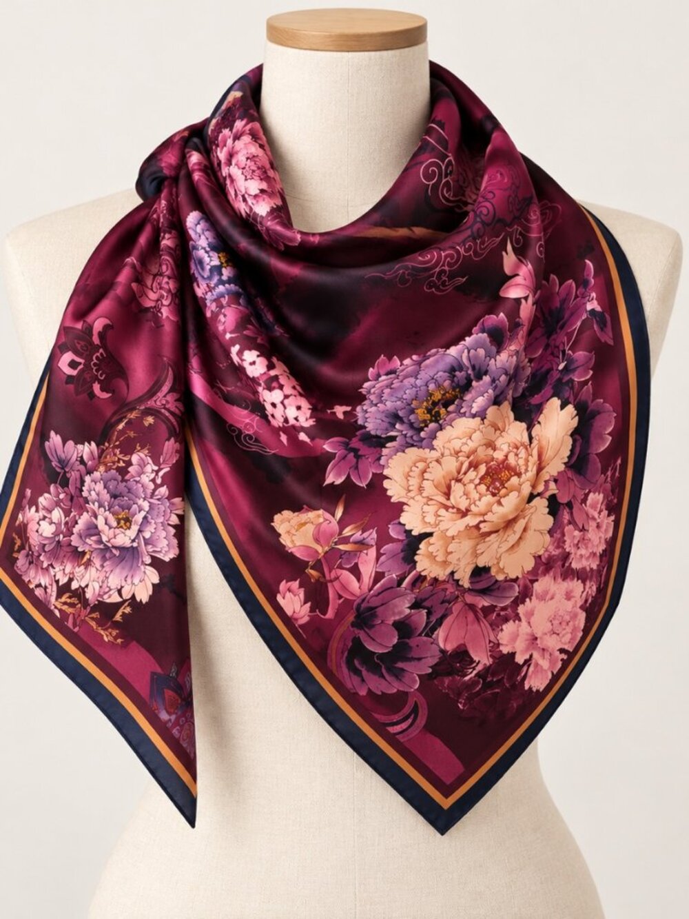 Burgundy Floral Square Scarf – Peony Print Silky Feel